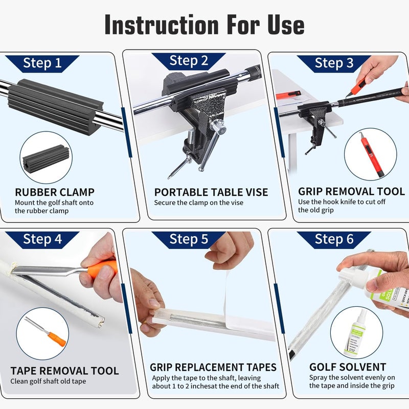 lovivid Golf Grip Kit for Regripping Golf Clubs - Include Portable Table Vise Rubber Clamp, 15 Tapes Strips, Golf Grip Removal Tool with Solvent - Image 3